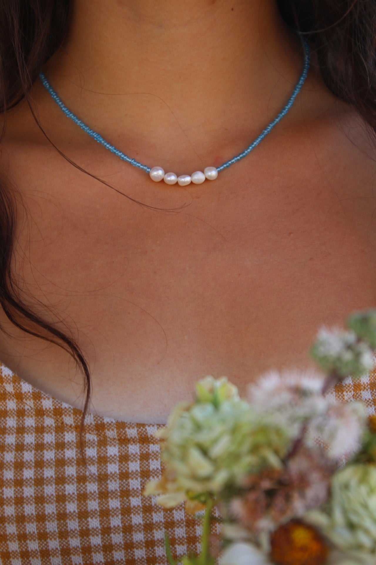 Icy blue pearl necklace